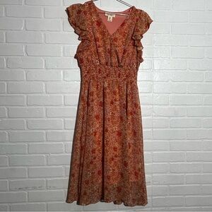 Jessica Simpson Midi Dress Orange Floral Ruffle Sleeve V Neck Medium